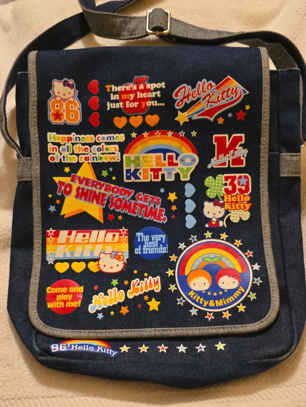 Hello Kitty Vintage Blue Denim Sticker Crossbody Messenger Bag NWOT Y2K Kawaii
